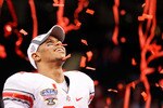NEW ORLEANS, LA - JANUARY 04:  Terrelle Pryor #2 of the Ohio State Buckeyes celebrates the Buckeyes 31-26 victory against the Arkansas Razorbacks during the Allstate Sugar Bowl at the Louisiana Superdome on January 4, 2011 in New Orleans, Louisiana.  (Photo by Kevin C. Cox/Getty Images)