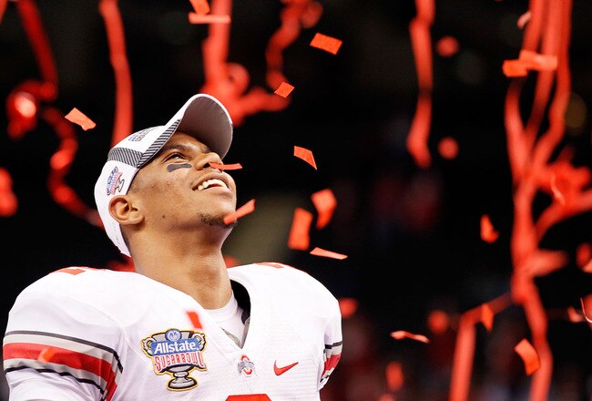 NEW ORLEANS, LA - JANUARY 04:  Terrelle Pryor #2 of the Ohio State Buckeyes celebrates the Buckeyes 31-26 victory against the Arkansas Razorbacks during the Allstate Sugar Bowl at the Louisiana Superdome on January 4, 2011 in New Orleans, Louisiana.  (Photo by Kevin C. Cox/Getty Images)