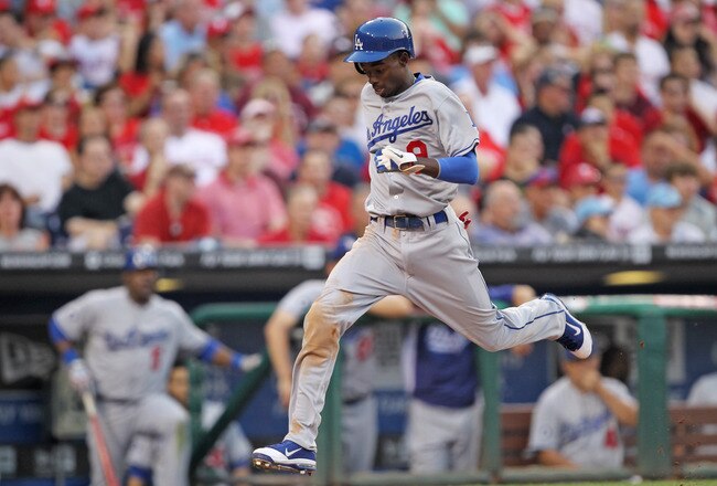 PHILADELPHIA - JUNE 7: Shortstop Dee Gordon #9 of the Los Angeles Dodgers scores a run during a game against the Philadelphia Phillies at Citizens Bank Park on June 7, 2011 in Philadelphia, Pennsylvania. The Dodgers won 6-2. (Photo by Hunter Martin/Getty Images)