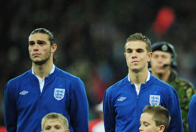 LONDON, ENGLAND - NOVEMBER 17:  (L-R) Andy Carroll, Jordan Henderson and Kieran Gibbs of England line up prior to the international friendly match between England and France at Wembley Stadium on November 17, 2010 in London, England.  (Photo by Shaun Botterill/Getty Images)
