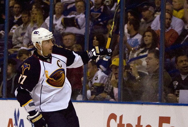 ST. LOUIS, MO - OCTOBER 8: Ilya Kovalchuk #17 of the Atlanta Thrashers celebrates his goal against the St. Louis Blues at the Scottrade Center on October 8, 2009 in St. Louis, Missouri.  (Photo by Dilip Vishwanat/Getty Images)