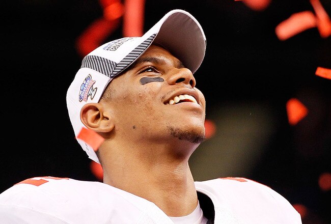 NEW ORLEANS, LA - JANUARY 04:  Terrelle Pryor #2 of the Ohio State Buckeyes celebrates the Buckeyes 31-26 victory against the Arkansas Razorbacks during the Allstate Sugar Bowl at the Louisiana Superdome on January 4, 2011 in New Orleans, Louisiana.  (Photo by Kevin C. Cox/Getty Images)
