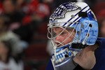 NEWARK, NJ - APRIL 06:  James Reimer #34 of the Toronto Maple Leafs tends net against the New Jersey Devils at the Prudential Center on April 6, 2011 in Newark, New Jersey.  (Photo by Bruce Bennett/Getty Images)