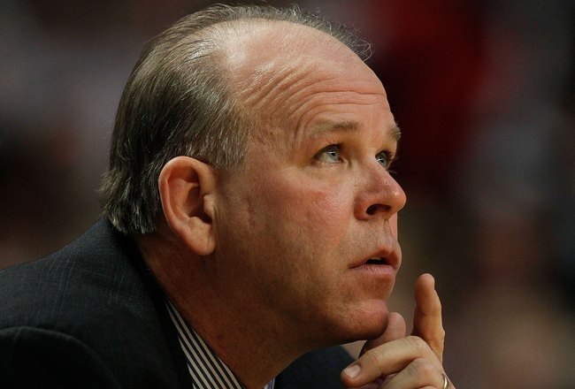CHICAGO - DECEMBER 02: Head coach John Kuester of the Detroit Pistons watches as his team takes on the Chicago Bulls at the United Center on December 2, 2009 in Chicago, Illinois. The Bulls defeated the Pistons 92-85. NOTE TO USER: User expressly acknowledges and agrees that, by downloading and/or using this Photograph, User is consenting to the terms and conditions of the Getty Images License Agreement.  (Photo by Jonathan Daniel/Getty Images)