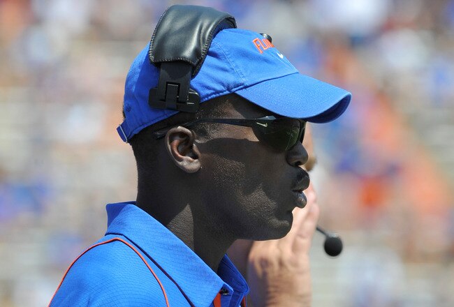 GAINESVILLE, FL - APRIL 9:  Wide receivers coach Aubrey Hill  of the Florida Gators directs play during the Orange and Blue spring football game April 9, 2011 Ben Hill Griffin Stadium at Gainesville, Florida.  (Photo by Al Messerschmidt/Getty Images)