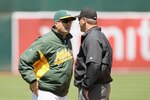 OAKLAND, CA - MAY 29:  Oakland Athletics manager Bob Geren argues a call with third base umpire Chad Fairchild during their game against the Baltimore Orioles at Oakland-Alameda County Coliseum on May 29, 2011 in Oakland, California.  (Photo by Ezra Shaw/Getty Images)