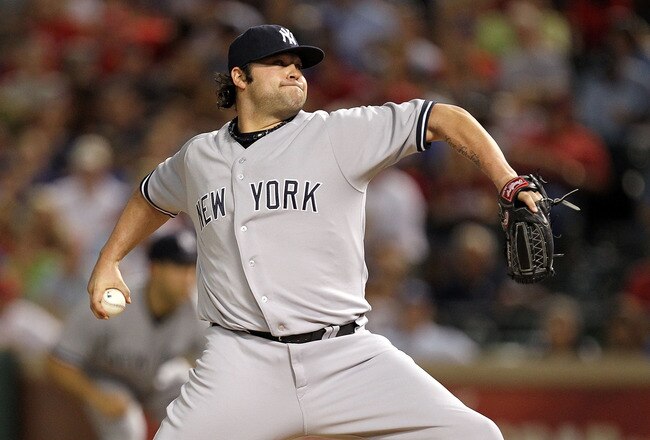 ARLINGTON, TX - MAY 07:  Pitcher Joba Chamberlain #62 of the New York Yankees throws against the Texas Rangers at Rangers Ballpark in Arlington on May 7, 2011 in Arlington, Texas.  (Photo by Ronald Martinez/Getty Images)