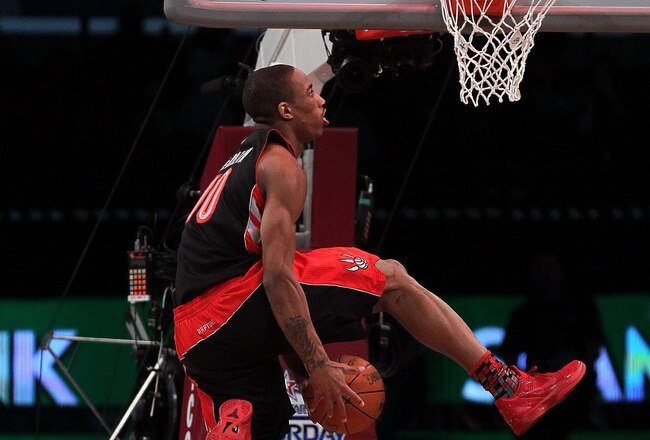 LOS ANGELES, CA - FEBRUARY 19:  DeMar DeRozan of the Toronto Raptors goes up for a dunk in the Sprite Slam Dunk Contest apart of NBA All-Star Saturday Night at Staples Center on February 19, 2011 in Los Angeles, California. NOTE TO USER: User expressly acknowledges and agrees that, by downloading and or using this photograph, User is consenting to the terms and conditions of the Getty Images License Agreement.  (Photo by Jeff Gross/Getty Images)