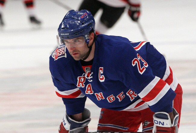 NEW YORK, NY - APRIL 09: Chris Drury #23 of the New York Rangers skates in warmups prior to the game against the New Jersey Devils at Madison Square Garden on April 9, 2011 in New York City.  (Photo by Jonathan Klein/Getty Images)