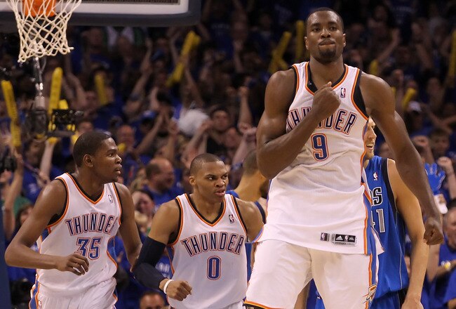 OKLAHOMA CITY, OK - MAY 23:  Serge Ibaka #9 of the Oklahoma City Thunder reacts in the fourth quarter while taking on the Dallas Mavericks in Game Four of the Western Conference Finals during the 2011 NBA Playoffs at Oklahoma City Arena on May 23, 2011 in Oklahoma City, Oklahoma. NOTE TO USER: User expressly acknowledges and agrees that, by downloading and or using this photograph, User is consenting to the terms and conditions of the Getty Images License Agreement.  (Photo by Ronald Martinez/Getty Images)