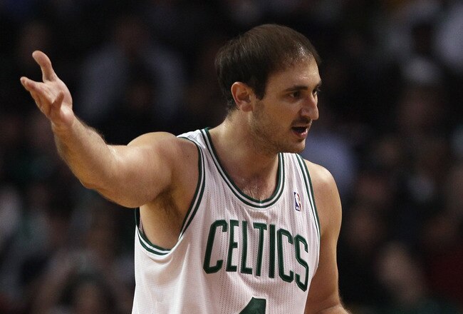 BOSTON, MA - MARCH 23:  Nenad Krstic #4 of the Boston Celtics tries to talk with a referee after a foul call against him in the second half against the Memphis Grizzlies on March 23, 2011 at the TD Garden in Boston, Massachusetts.  The Memphis Grizzlies defeated the Boston Celtics 90-87. NOTE TO USER: User expressly acknowledges and agrees that, by downloading and/or using this Photograph, User is consenting to the terms and conditions of the Getty Images License Agreement.  (Photo by Elsa/Getty Images)
