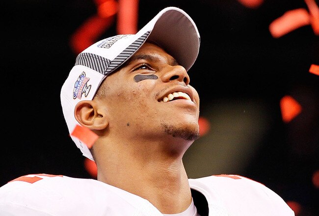 NEW ORLEANS, LA - JANUARY 04:  Terrelle Pryor #2 of the Ohio State Buckeyes celebrates the Buckeyes 31-26 victory against the Arkansas Razorbacks during the Allstate Sugar Bowl at the Louisiana Superdome on January 4, 2011 in New Orleans, Louisiana.  (Photo by Kevin C. Cox/Getty Images)