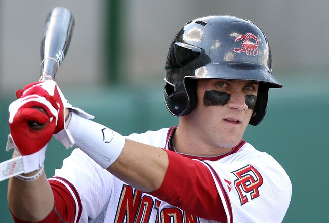 SCOTTSDALE, AZ - OCTOBER 23:  Washington Nationals prospect Bryce Harper #34, playing for the Scottsdale Scorpions, warms up on deck during the AZ Fall League game against the Phoenix Desert Dogs at Scottsdale Stadium on October 23, 2010 in Scottsdale, Arizona.  (Photo by Christian Petersen/Getty Images)