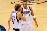 DALLAS, TX - JUNE 09:  (L-R) Dirk Nowitzki #41 and Shawn Marion #0 of the Dallas Mavericks celebrate their 112-103 win against the Miami Heat in Game Five of the 2011 NBA Finals at American Airlines Center on June 9, 2011 in Dallas, Texas.  NOTE TO USER: User expressly acknowledges and agrees that, by downloading and/or using this Photograph, user is consenting to the terms and conditions of the Getty Images License Agreement.  (Photo by Tom Pennington/Getty Images)