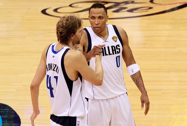 DALLAS, TX - JUNE 09:  (L-R) Dirk Nowitzki #41 and Shawn Marion #0 of the Dallas Mavericks celebrate their 112-103 win against the Miami Heat in Game Five of the 2011 NBA Finals at American Airlines Center on June 9, 2011 in Dallas, Texas.  NOTE TO USER: User expressly acknowledges and agrees that, by downloading and/or using this Photograph, user is consenting to the terms and conditions of the Getty Images License Agreement.  (Photo by Tom Pennington/Getty Images)