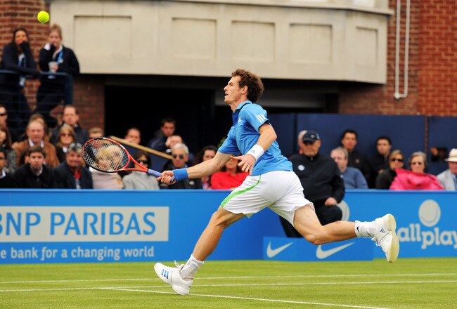 LONDON, ENGLAND - JUNE 09:  Andy Murray of Great Britain eyes the ball during his Men's Singles third round match against Janko Tipsarevic of Serbia on day four of the AEGON Championships at Queens Club on June 9, 2011 in London, England.  (Photo by Michael Regan/Getty Images)