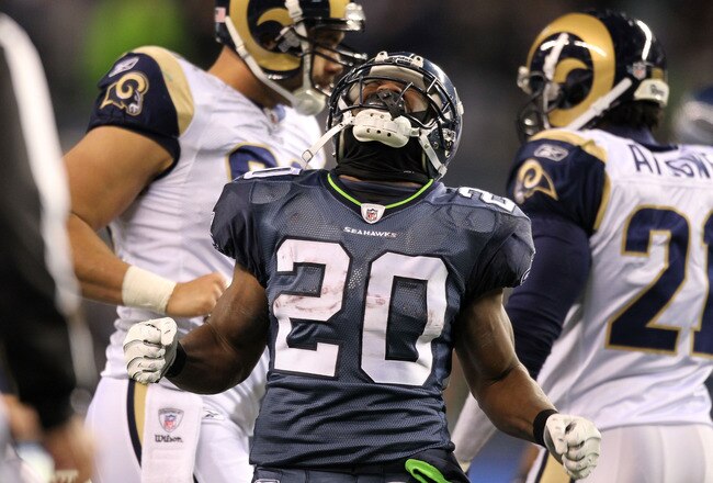 SEATTLE, WA - JANUARY 02:  Running back Justin Forsett #20 of the Seattle Seahawks celebrates after a run against the St. Louis Rams during their game at Qwest Field on January 2, 2011 in Seattle, Washington.  (Photo by Otto Greule Jr/Getty Images)