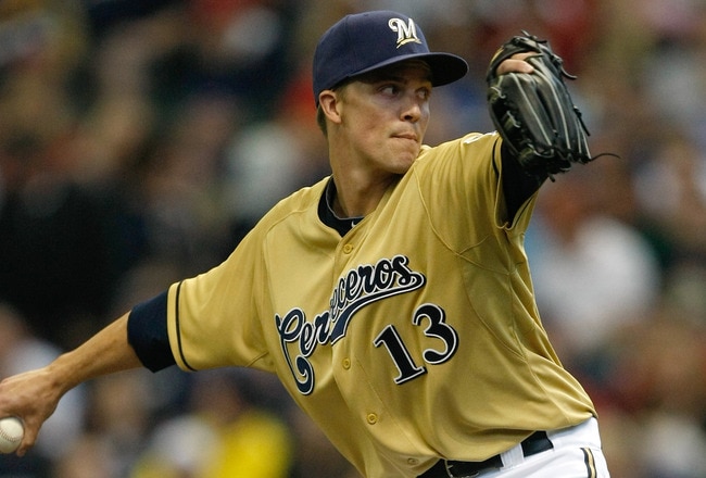 MILWAUKEE, WI - JUNE 11: Zach Greinke #13 of the Milwaukee Brewers pitches against the St. Louis Cardinals at the Miller Park on June 11, 2011 in Milwaukee, Wisconsin. (Photo by Scott Boehm/Getty Images)