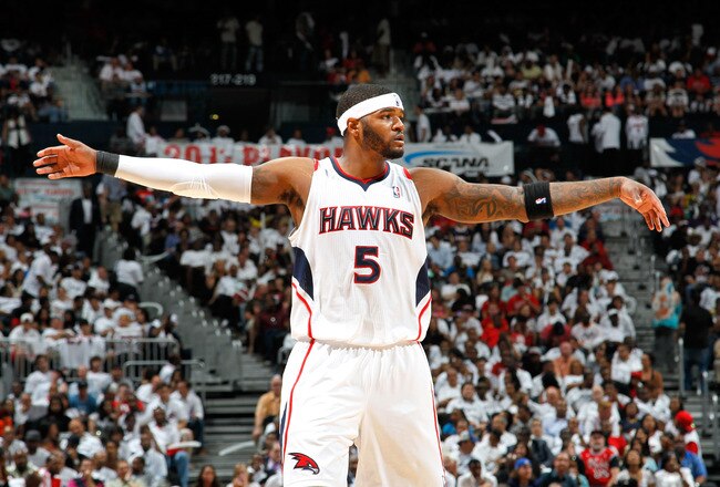 ATLANTA, GA - MAY 12:  Josh Smith #5 of the Atlanta Hawks against the Chicago Bulls in Game Six of the Eastern Conference Semifinals in the 2011 NBA Playoffs at Phillips Arena on May 12, 2011 in Atlanta, Georgia.  NOTE TO USER: User expressly acknowledges and agrees that, by downloading and/or using this photograph, User is consenting to the terms and conditions of the Getty Images License Agreement.  (Photo by Kevin C. Cox/Getty Images)