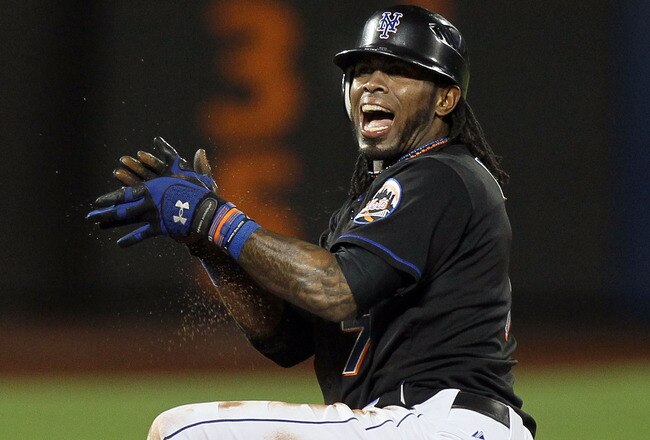 NEW YORK, NY - JUNE 05:  Jose Reyes #7 of the New York Mets celebrates his fourth inning RBI double against the Atlanta Braves on June 5, 2011 at Citi Field in the Flushing neighborhood of the Queens borough of New York City.  (Photo by Jim McIsaac/Getty Images)