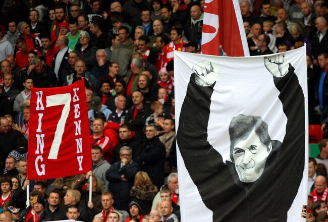 LIVERPOOL, ENGLAND - MAY 15:  Liverpool fans display banners dedicated to former player and now manager, Kenny Dalglish during the Barclays Premier League match between Liverpool and Tottenham Hotspur at Anfield on May 15, 2011 in Liverpool, England.  (Photo by Michael Steele/Getty Images)