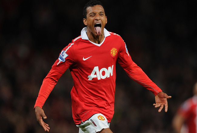 MANCHESTER, ENGLAND - OCTOBER 30:  Nani of Manchester United celebrates scoring to make it 2-0 during the Barclays Premier League match between Manchester United and Tottenham Hotspur at Old Trafford on October 30, 2010 in Manchester, England.  (Photo by Michael Regan/Getty Images)