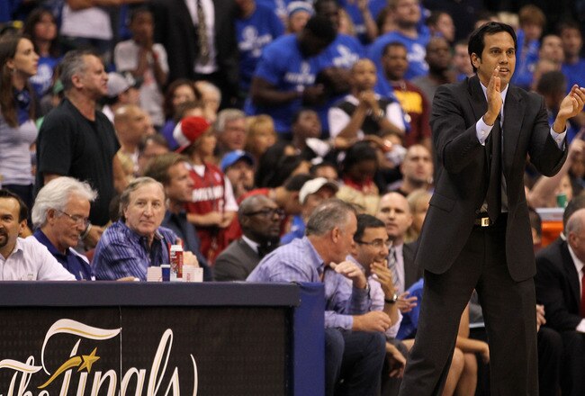 DALLAS, TX - JUNE 07:  Head coach Erik Spoelstra of the Miami Heat reacts as he coaches against the Dallas Mavericks in Game Four of the 2011 NBA Finals at American Airlines Center on June 7, 2011 in Dallas, Texas. NOTE TO USER: User expressly acknowledges and agrees that, by downloading and/or using this Photograph, user is consenting to the terms and conditions of the Getty Images License Agreement  (Photo by Ronald Martinez/Getty Images)