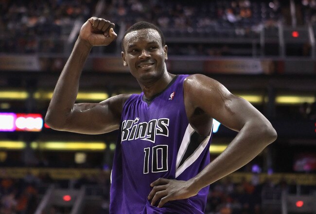 PHOENIX, AZ - FEBRUARY 13:  Samuel Dalembert #10 of the Sacramento Kings reacts to the crowd during the NBA game against the Phoenix Suns at US Airways Center on February 13, 2011 in Phoenix, Arizona. The Kings defeated the Suns 113-108.  NOTE TO USER: User expressly acknowledges and agrees that, by downloading and or using this photograph, User is consenting to the terms and conditions of the Getty Images License Agreement.  (Photo by Christian Petersen/Getty Images)