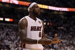 MIAMI, FL - JUNE 12:  LeBron James #6 of the Miami Heat reacts against the Dallas Mavericks in Game Six of the 2011 NBA Finals at American Airlines Arena on June 12, 2011 in Miami, Florida. NOTE TO USER: User expressly acknowledges and agrees that, by downloading and/or using this Photograph, user is consenting to the terms and conditions of the Getty Images License Agreement.  (Photo by Ronald Martinez/Getty Images)