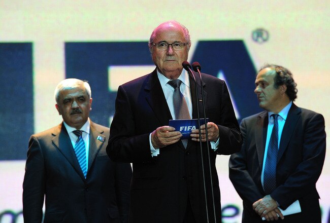 BAKU, AZERBAIJAN - JUNE 06:  FIFA president Sepp Blatter speaks during a dinner celebration to mark 100 years of Football in Azerbaijan on June 6, 2011 in Baku, Azerbaijan.  (Photo by Stu Forster/Getty Images)