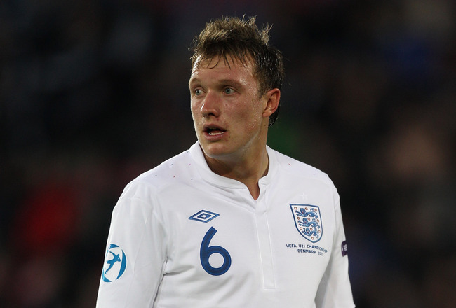 HERNING, DENMARK - JUNE 12:  Phil Jones of England during the UEFA European Under-21 Championship Group B match between England and Spain at the Herning Stadium on June 12, 2011 in Herning, Denmark.  (Photo by Michael Steele/Getty Images)