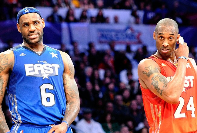 LOS ANGELES, CA - FEBRUARY 20:  LeBron James #6 of the Miami Heat and the Eastern Conference stands with Kobe Bryant #24 of the Los Angeles Lakers and the Western Conference in the 2011 NBA All-Star Game at Staples Center on February 20, 2011 in Los Angeles, California. NOTE TO USER: User expressly acknowledges and agrees that, by downloading and or using this photograph, User is consenting to the terms and conditions of the Getty Images License Agreement.  (Photo by Kevork Djansezian/Getty Images)