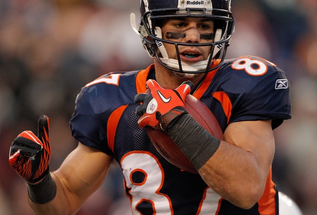 DENVER, CO - JANUARY 2:  Wide receiver Eric Decker #87 of the Denver Broncos scores a touchdown off a pass from Tim Tebow during the third quarter against the San Diego Chargers at INVESCO Field at Mile High on January 2, 2011 in Denver, Colorado. (Photo by Justin Edmonds/Getty Images)