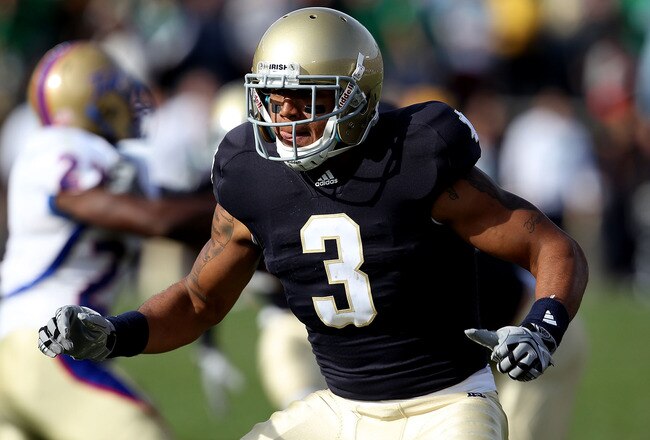 SOUTH BEND, IN - OCTOBER 30: Michael Floyd #3 of the Notre Dame Fighting Irish looks to block against the Tulsa Golden Hurricane at Notre Dame Stadium on October 30, 2010 in South Bend, Indiana. Tulsa defeated Notre Dame 28-27. (Photo by Jonathan Daniel/Getty Images)