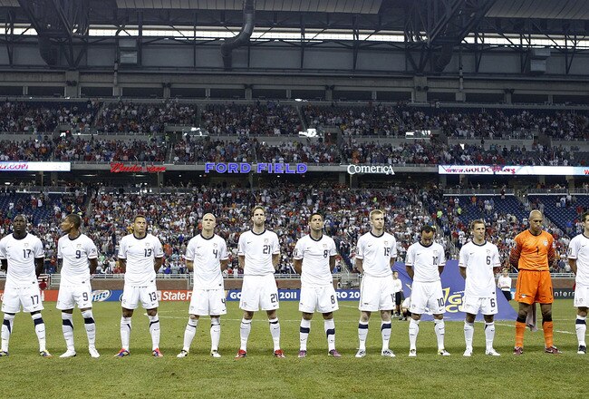 DETROIT, MI - JUNE 7:  Team United States stands for the National Anthem prior to playing Canada during the 2011 Gold Cup  at Ford Field on June 7, 2011 in Detroit, Michigan. The United States won the game 2-0. (Photo by Gregory Shamus/Getty Images)