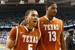 GREENSBORO, NC - DECEMBER 18:  Cory Joseph #5 and Tristan Thompson #13 of the Texas Longhorns react after their 78-76 win over the North Carolina Tar Heels Greensboro Coliseum on December 18, 2010 in Greensboro, North Carolina.  (Photo by Kevin C. Cox/Getty Images)