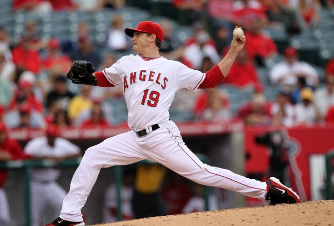 ANAHEIM, CA - SEPTEMBER 08:  Scott Zazmir #19 of the Los Angeles Angels of Anaheim throws a pitch against the Cleveland Indians on September 8, 2010 at Angel Stadium in Anaheim, California.  (Photo by Stephen Dunn/Getty Images)
