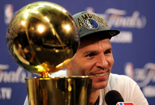 MIAMI, FL - JUNE 12:  Jason Kidd #2 of the Dallas Mavericks answers questions from the media at a post game news conference after the Mavericks won 105-95 against the Miami Heat in Game Six of the 2011 NBA Finals at American Airlines Arena on June 12, 2011 in Miami, Florida. NOTE TO USER: User expressly acknowledges and agrees that, by downloading and/or using this Photograph, user is consenting to the terms and conditions of the Getty Images License Agreement.  (Photo by Mike Ehrmann/Getty Images)