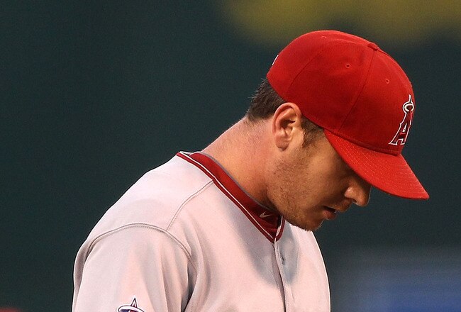 OAKLAND, CA - SEPTEMBER 3: Scott Kazmir #19 of the Los Angeles Angels of Anaheim looks on after walking in a run in the first inning against the Oakland Athletics during a Major League Baseball game at the Oakland-Alameda County Coliseum on September 3, 2010 in Oakland, California. (Photo by Jed Jacobsohn/Getty Images)