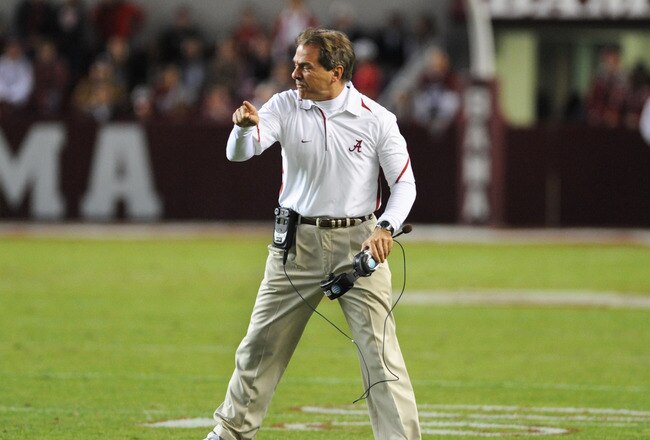TUSCALOOSA, AL - NOVEMBER 13: Coach Nick Saban of the Alabama Crimson Tide directs play against the Mississippi State Bulldogs November 13, 2010 at Bryant-Denny Stadium in Tuscaloosa, Alabama.  (Photo by Al Messerschmidt/Getty Images)