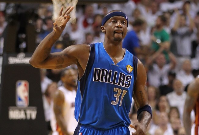 MIAMI, FL - JUNE 12:  Jason Terry #31 of the Dallas Mavericks gestures on court after making a three-point shot in the second quarter while taking on the Miami Heat in Game Six of the 2011 NBA Finals at American Airlines Arena on June 12, 2011 in Miami, Florida. NOTE TO USER: User expressly acknowledges and agrees that, by downloading and/or using this Photograph, user is consenting to the terms and conditions of the Getty Images License Agreement.  (Photo by Mike Ehrmann/Getty Images)