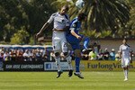 SANTA CLARA, CA - AUGUST 21:  Joey Gjertsen #17 of the San Jose Earthquakes and Sean Franklin #28 of the Los Angeles Galaxy compete for a header on August 21, 2010 at Buck Shaw Stadium in Santa Clara, California.  The Earthquakes won 1-0. (Photo by Brian Bahr/Getty Images)