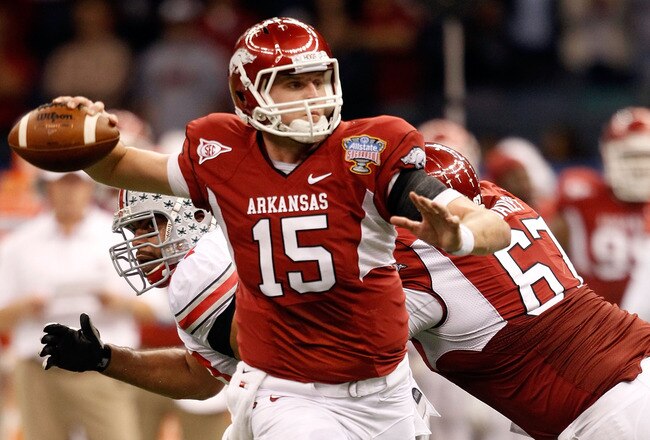 NEW ORLEANS, LA - JANUARY 04:  Quarterback Ryan Mallett #15 of the Arkansas Razorbacks looks to pass against the Ohio State Buckeyes during the Allstate Sugar Bowl at the Louisiana Superdome on January 4, 2011 in New Orleans, Louisiana.  (Photo by Matthew Stockman/Getty Images)