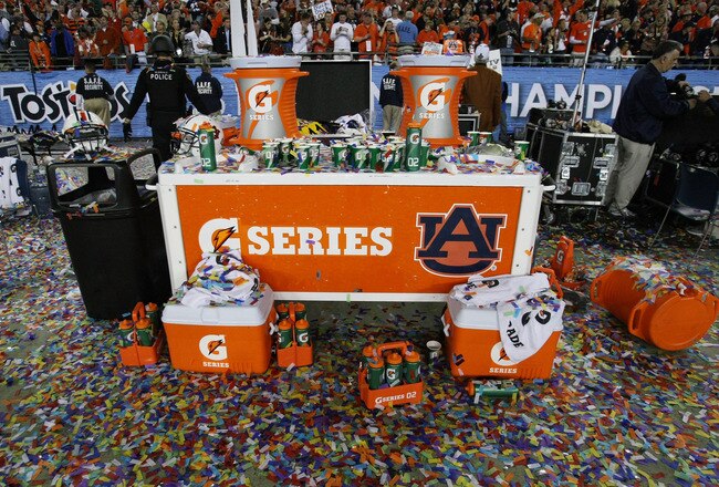 GLENDALE, AZ - JANUARY 10:  Gatorade products sit on the sideline after the Auburn Tigers defeated the Oregon Ducks 22 to 19 during the Tostitos BCS National Championship Game at University of Phoenix Stadium on January 10, 2011 in Glendale, Arizona.  (Photo by Jonathan Ferrey/Getty Images)