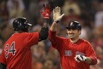 BOSTON, MA  - JUNE 17:  Adrian Gonzalez #28 of the Boston Red Sox celebrates his home run with teammate David Ortiz #34 in the fifth inning against the Milwaukee Brewers at Fenway Park on June 17, 2011 in Boston, Massachusetts.  (Photo by Jim Rogash/Getty Images)