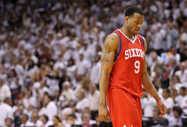 MIAMI, FL - APRIL 27:  Andre Iguodala #9 of the Philadelphia 76ers walks off the floor during game five of the Eastern Conference Quarterfinals in the 2011 NBA Playoffs against the Miami Heat at American Airlines Arena on April 27, 2011 in Miami, Florida. NOTE TO USER: User expressly acknowledges and agrees that, by downloading and/or using this Photograph, User is consenting to the terms and conditions of the Getty Images License Agreement.  (Photo by Mike Ehrmann/Getty Images)