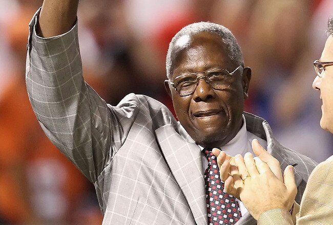 ARLINGTON, TX - OCTOBER 31:  Hall of Famer Hank Aaron waves to crowd prior to the Texas Rangers taking on the San Francisco Giants in Game Four of the 2010 MLB World Series at Rangers Ballpark in Arlington on October 31, 2010 in Arlington, Texas. (Photo by Elsa/Getty Images)