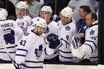 BOSTON, MA - MARCH 31:  Nazem Kadri #43 of the Toronto Maple Leafs is congratulated by teammtes on the bench after he scored the game winner in the overtime shootout against the Boston Bruins on March 31, 2011 at the TD Garden in Boston, Massachusetts. The Toronto Maple Leafs defeated the Boston Bruins 4-3 in an overtime shootout.  (Photo by Elsa/Getty Images)