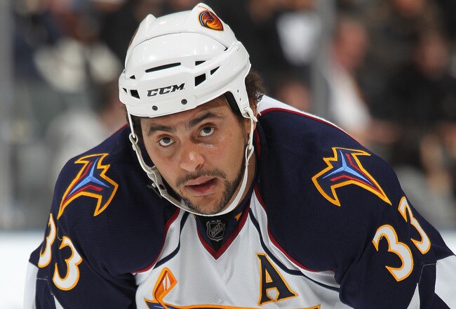 TORONTO, CANADA - FEBRUARY 07:  Dustin Byfuglien #33 of the Atlanta Thrashers waits for a faceoff in a game against the Toronto Maple Leafs on February 7, 2011 at the Air Canada Centre in Toronto, Canada. The Leafs defeated the Thrashers 5-4. (Photo by Claus Andersen/Getty Images)
