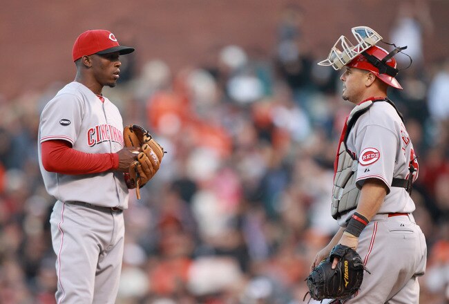 SAN FRANCISCO, CA - JUNE 12:  Ramon Hernandez #55 of the Cincinnati Reds talks to pitcher Jose Arredondo #33 of the Cincinnati Reds in the seventh inning of their game against the San Francisco Giants at AT&T Park on June 12, 2011 in San Francisco, California.  (Photo by Ezra Shaw/Getty Images)